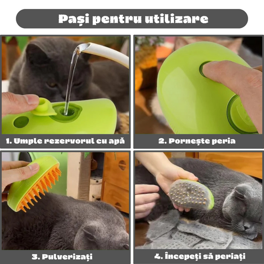 Perie cu Abur 3 în 1 – Curăță, Masează și Îngrijește Blana!